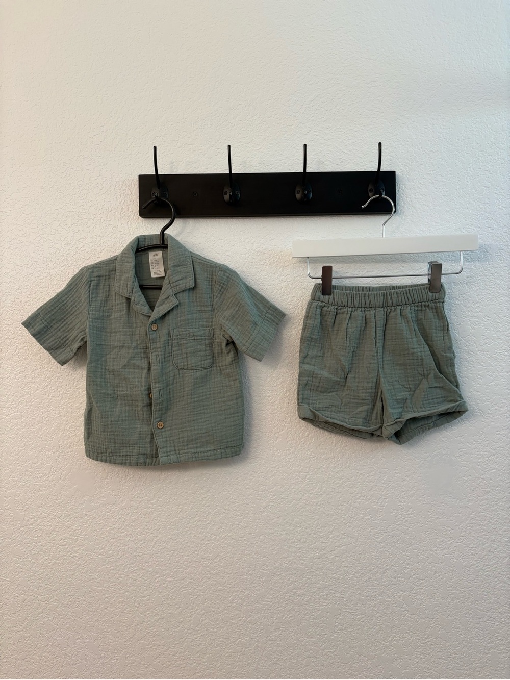 H&M Green Gauze Button-Up Shirt and Shorts Set